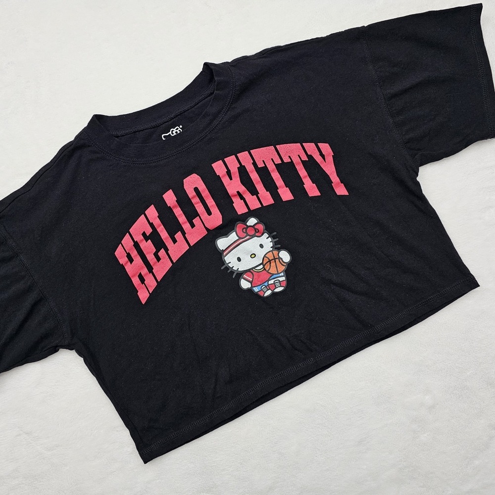 Hello Kitty Womens XS Black Crew‎ Graphic Crop Top Basketball Workout Sanrio